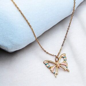 18k Gold Plated Butterfly Pendant Necklace with Pink and Teal CZ Accents.